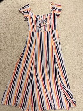 Leith Striped A-Line Skirt in Navy, Orange, Pink & Cream